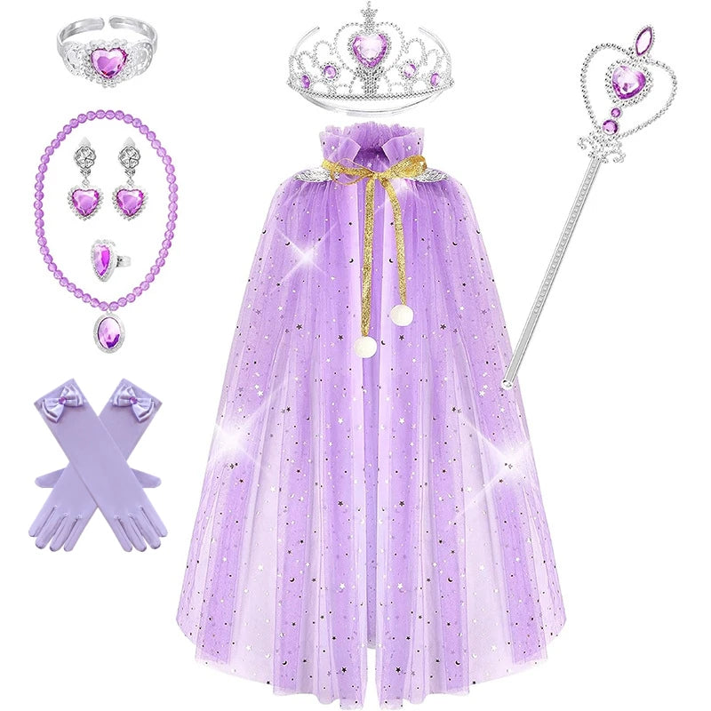 Elsa and Anna Kid Princess Cosplay Cloak Set – Halloween Carnival Accessories: Crown, Wand, Necklace, Earrings, Rings, and Gloves