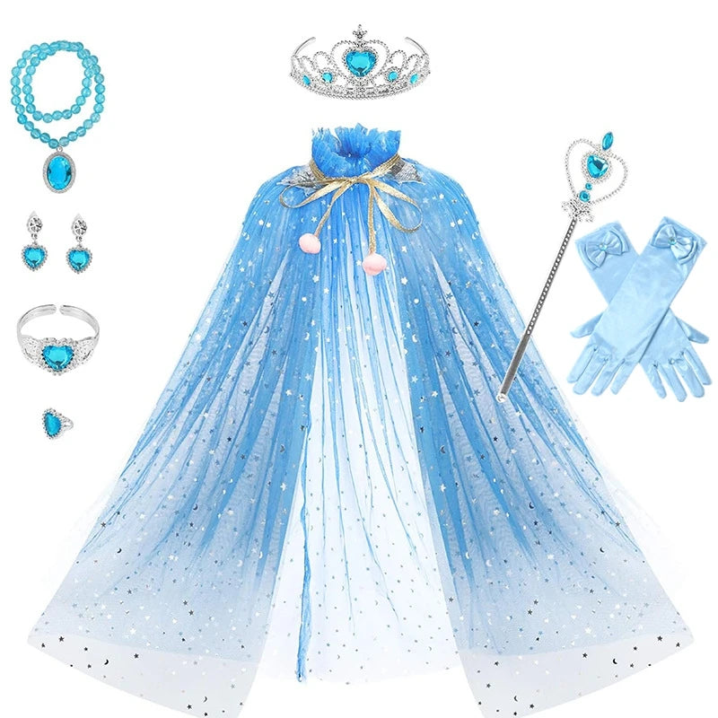 Elsa and Anna Kid Princess Cosplay Cloak Set – Halloween Carnival Accessories: Crown, Wand, Necklace, Earrings, Rings, and Gloves