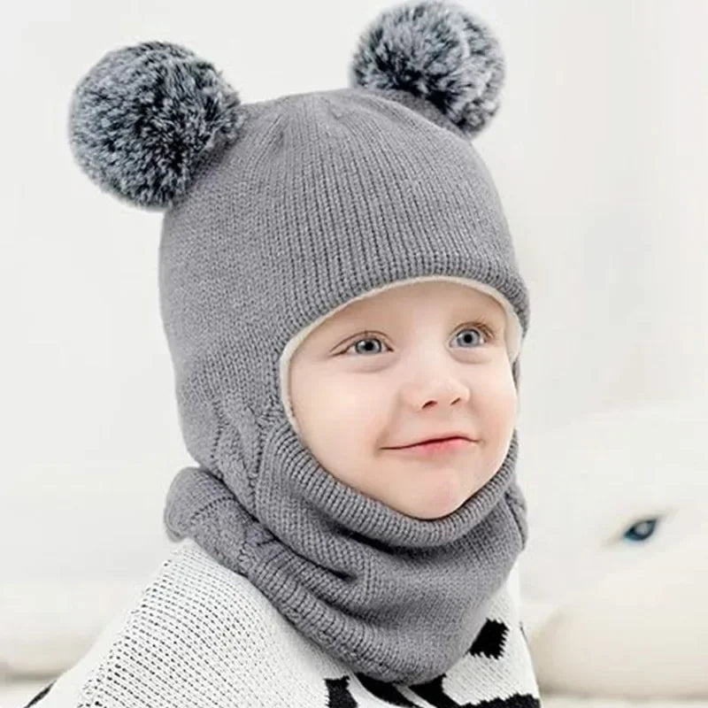 1-7Y Winter Baby Hat Scarf One-Piece Pompom Knit Hat for Kids Warm Neck Ball Cap for Girls Boys Windproof Beanies Infant Cap