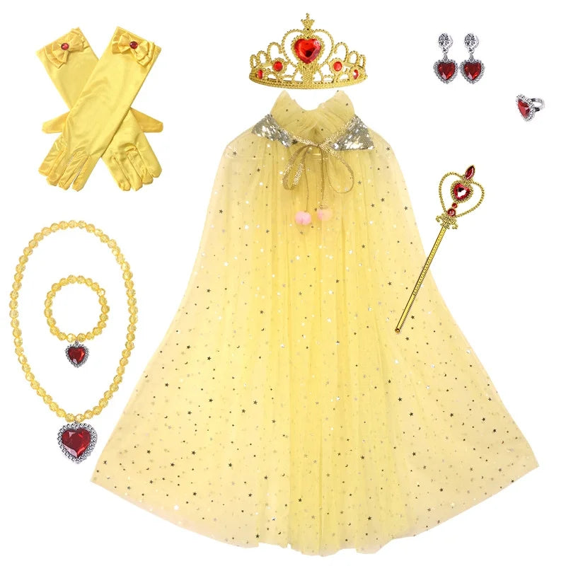 Elsa and Anna Kid Princess Cosplay Cloak Set – Halloween Carnival Accessories: Crown, Wand, Necklace, Earrings, Rings, and Gloves