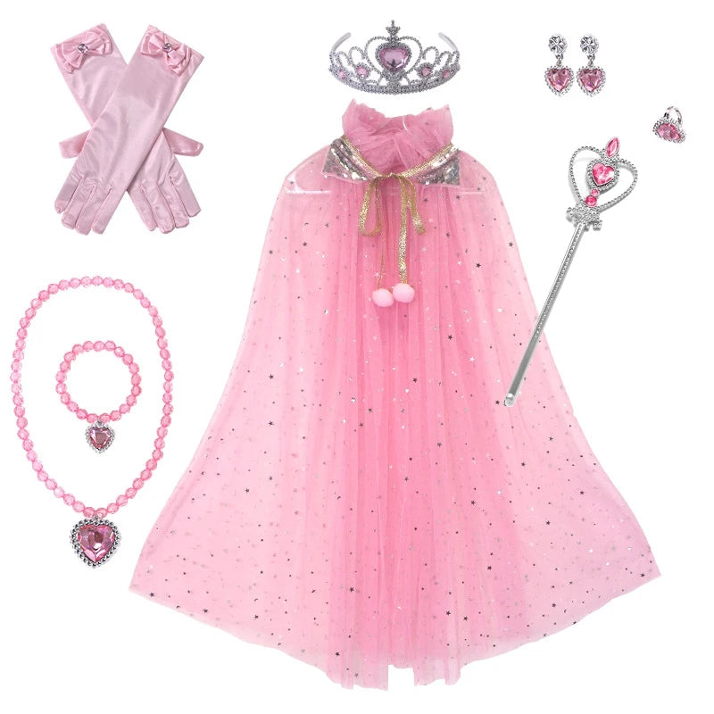 Elsa and Anna Kid Princess Cosplay Cloak Set – Halloween Carnival Accessories: Crown, Wand, Necklace, Earrings, Rings, and Gloves