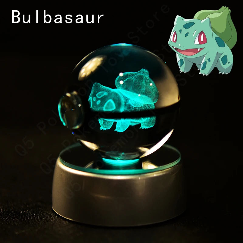 Pokemon 3D Crystal Ball Pikachu Gengar Mew Mewtwo Figurines Lamp Base Pokeball 3D Pokemon Glass Ball Statue Kids Birthday Gift