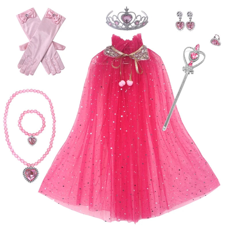 Elsa and Anna Kid Princess Cosplay Cloak Set – Halloween Carnival Accessories: Crown, Wand, Necklace, Earrings, Rings, and Gloves