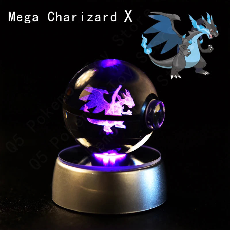 Pokemon 3D Crystal Ball Pikachu Gengar Mew Mewtwo Figurines Lamp Base Pokeball 3D Pokemon Glass Ball Statue Kids Birthday Gift