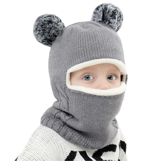 1-7Y Winter Baby Hat Scarf One-Piece Pompom Knit Hat for Kids Warm Neck Ball Cap for Girls Boys Windproof Beanies Infant Cap